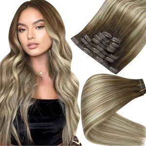 16” Clip-In Hair Extensions Brown Blonde Highlights 100% Human Hair 7 pcs